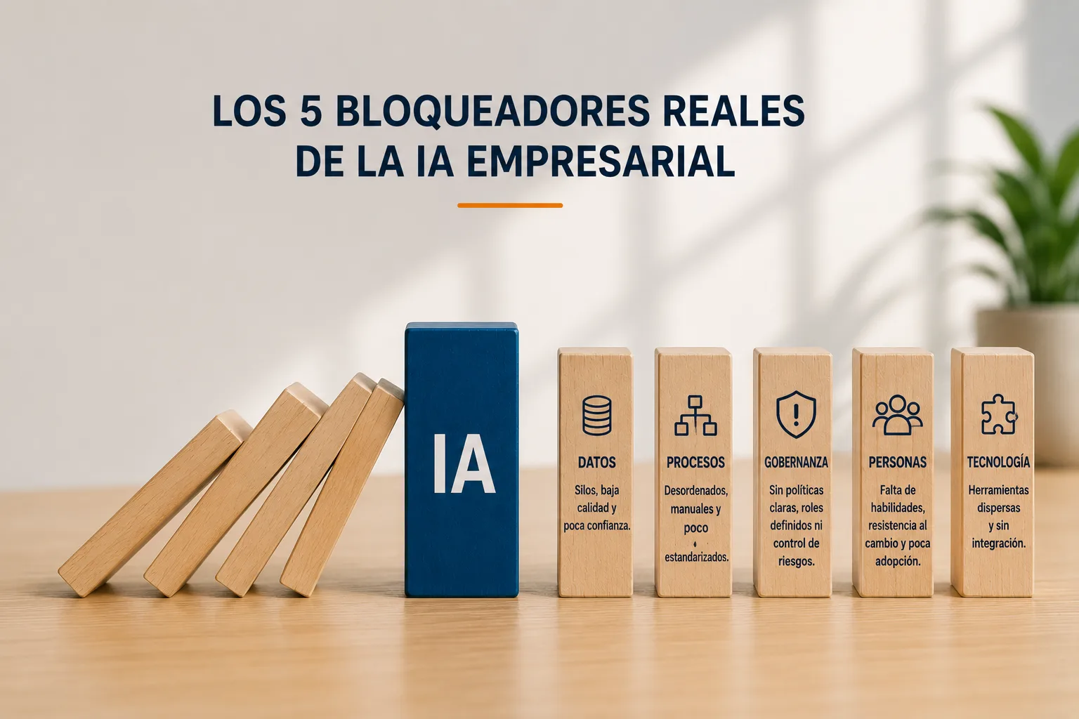 Los cinco bloqueadores reales de la IA empresarial: datos, procesos, gobernanza, personas y tecnología — una pieza de IA detiene la caída de las fichas de dominó