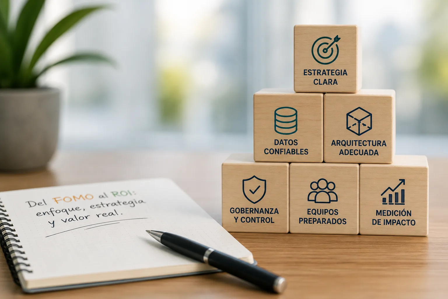 Del FOMO al ROI: bloques con los cimientos del modelo — estrategia clara, datos confiables, arquitectura adecuada, gobernanza y control, equipos preparados y medición de impacto