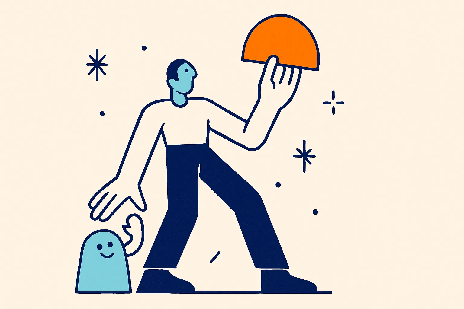 Una persona colabora con un pequeño asistente-máquina y conserva la decisión (forma naranja) como foco